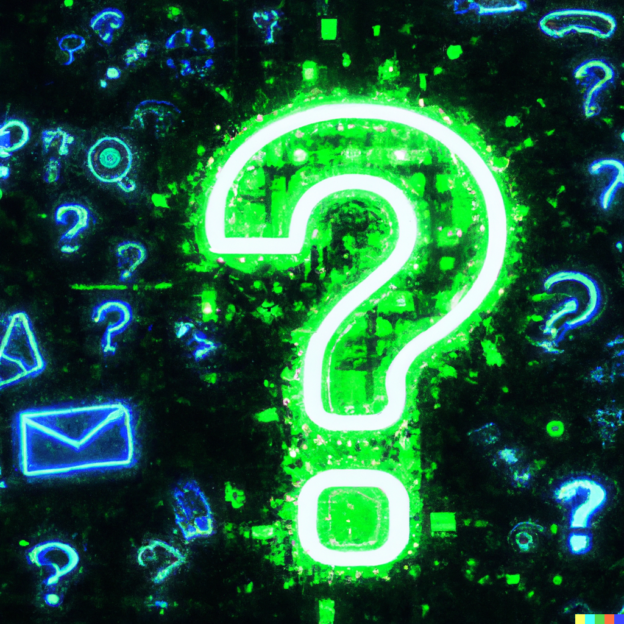 Grünes Fragezeichen auf dunklem Hintergrund, umrahmt von weiteren Fragezeichen und Cyber Security Elementen